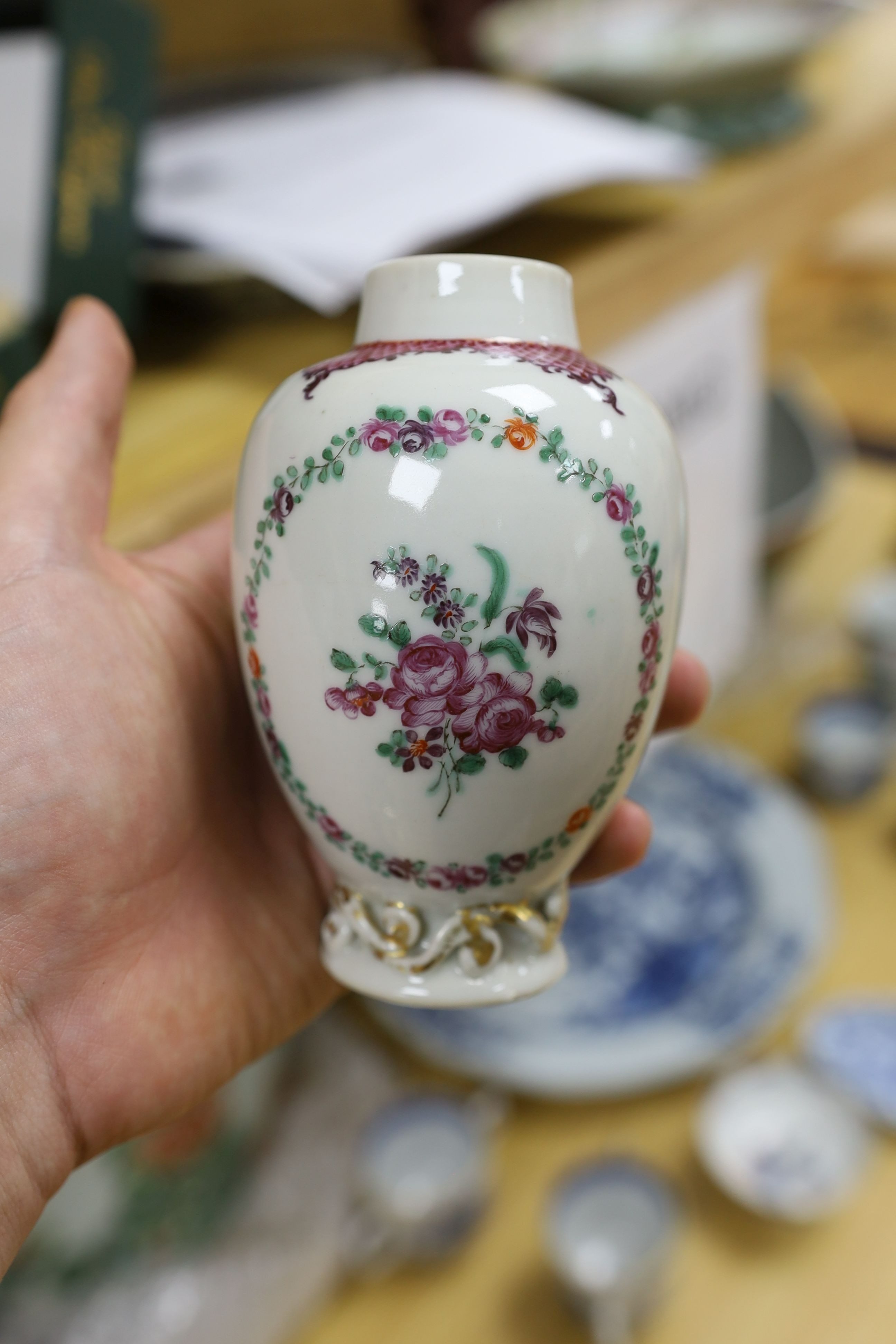 A selection of 18th century Chinese export wares, to include a teapot, tea bowls, saucers etc., some matching, tallest 16cm, (10)